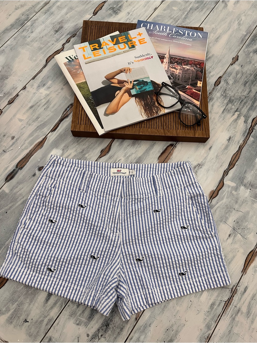 Vineyard Vines Blue & White Seersucker Embroidered Whale Shorts
